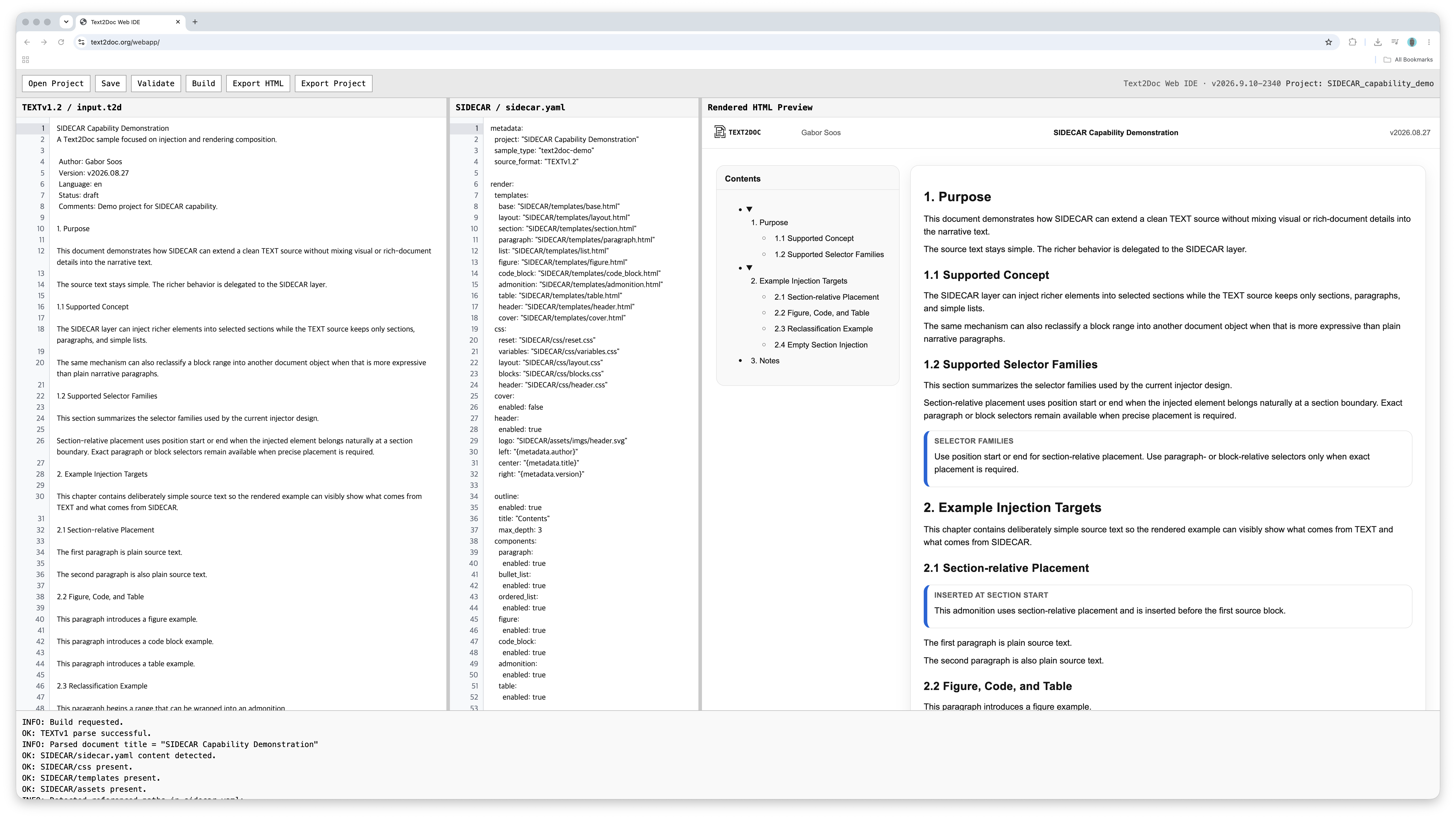 Text2Doc Web IDE showing TEXTv1.2 source, SIDECAR configuration, and rendered HTML preview